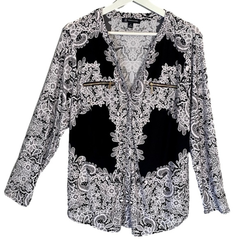 INC INTERNATIONAL CONCEPTS Top Long Sleeve Lace Print Black White Women 1X - Picture 3 of 13
